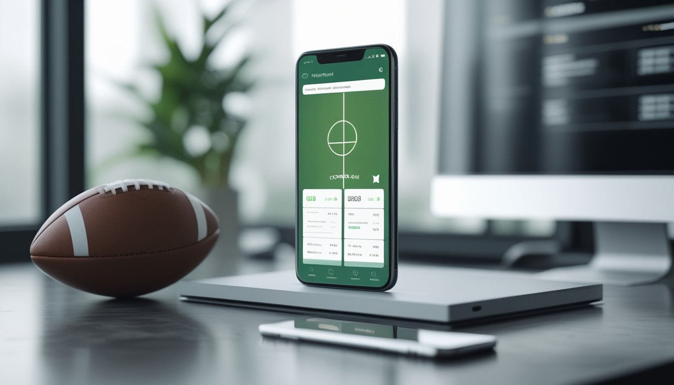 Dua ponsel menampilkan antarmuka pertandingan sepak bola di atas meja kerja modern, dengan sebuah bola sepak di sampingnya.
