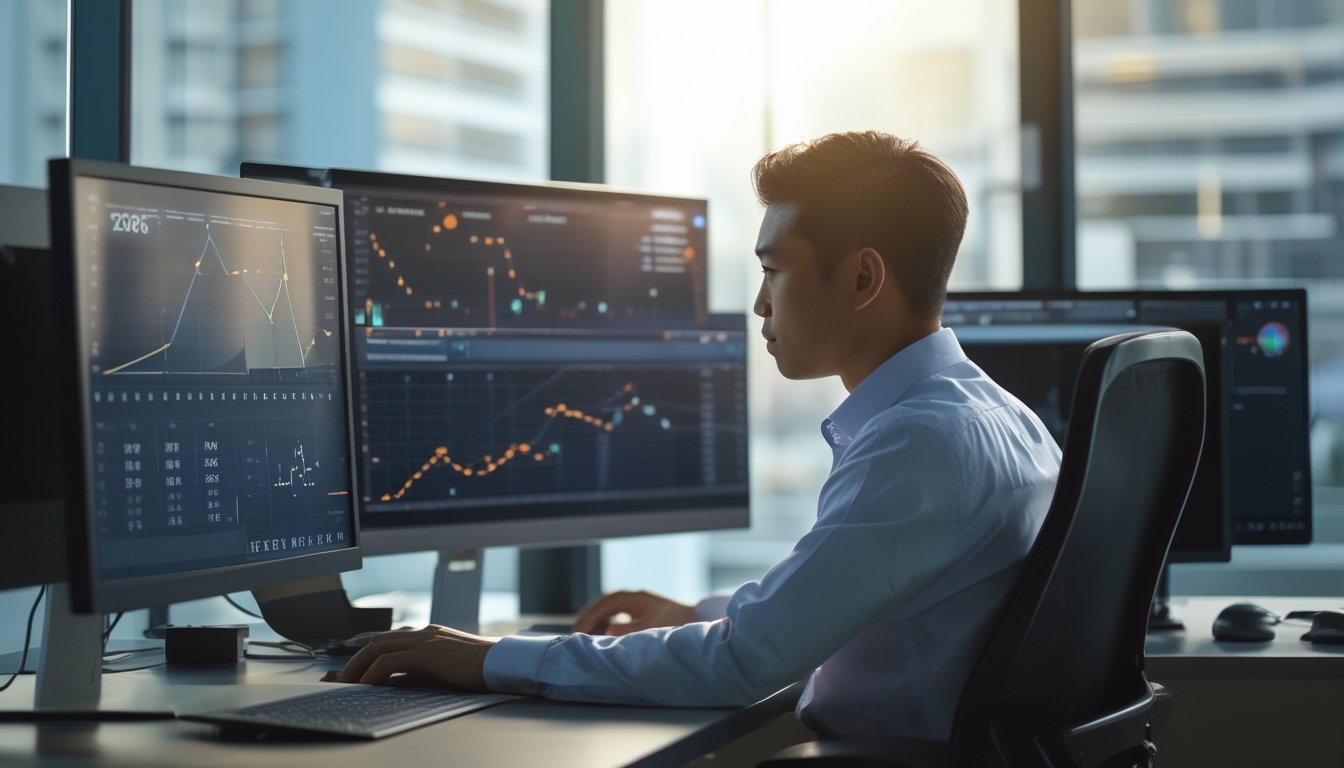 Seorang analis mempelajari grafik statistik dan data angka di ruang kerja modern.