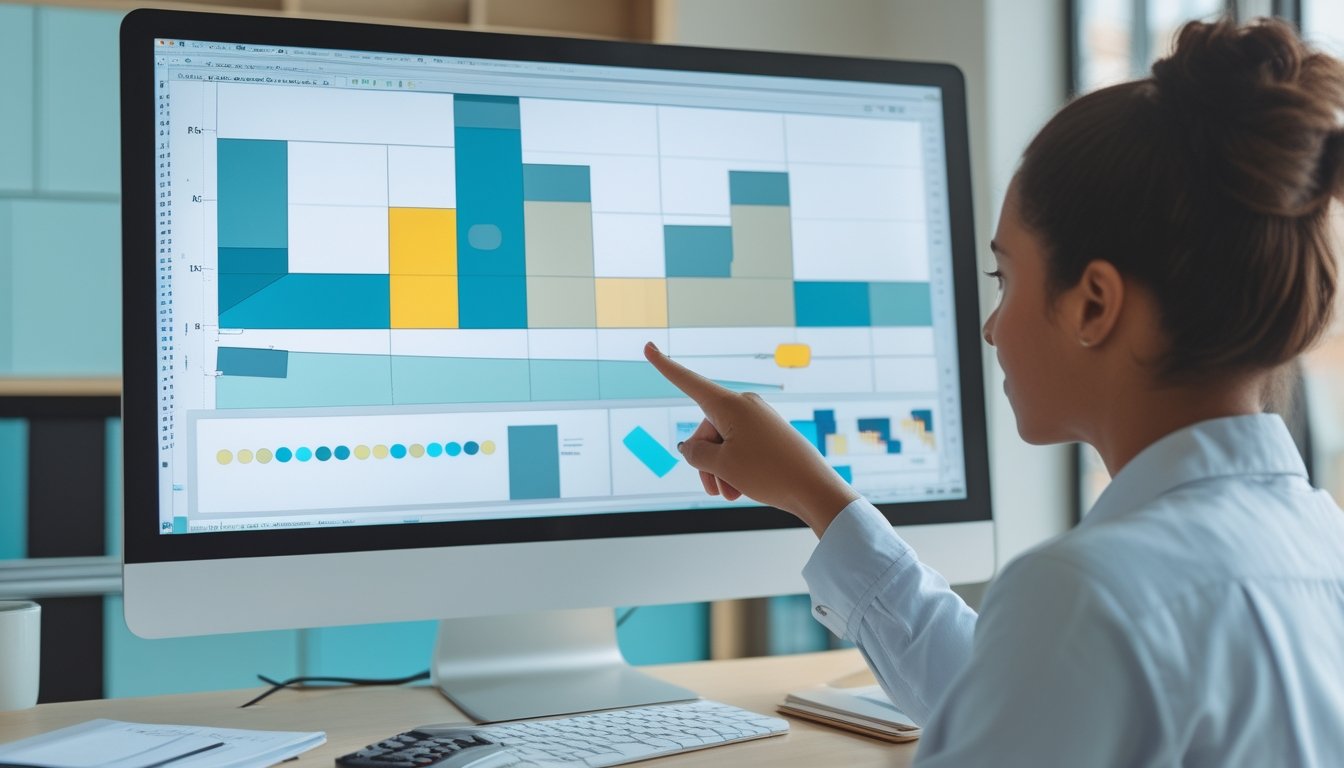 Seseorang mempelajari grafik data berwarna di monitor dengan bantuan buku catatan dan kalkulator.