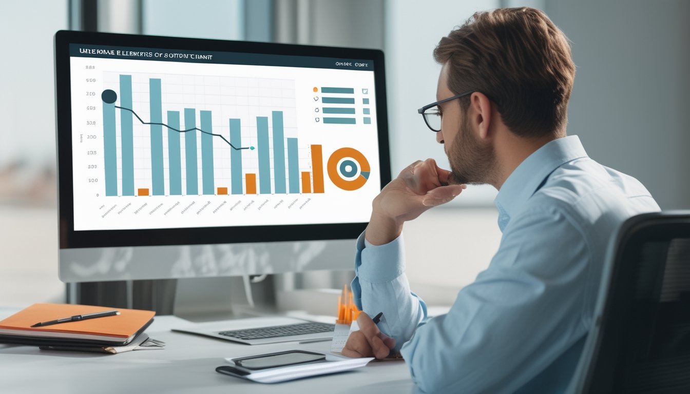 Seorang analis mempelajari grafik batang dan garis abstrak pada monitor di meja kerja.