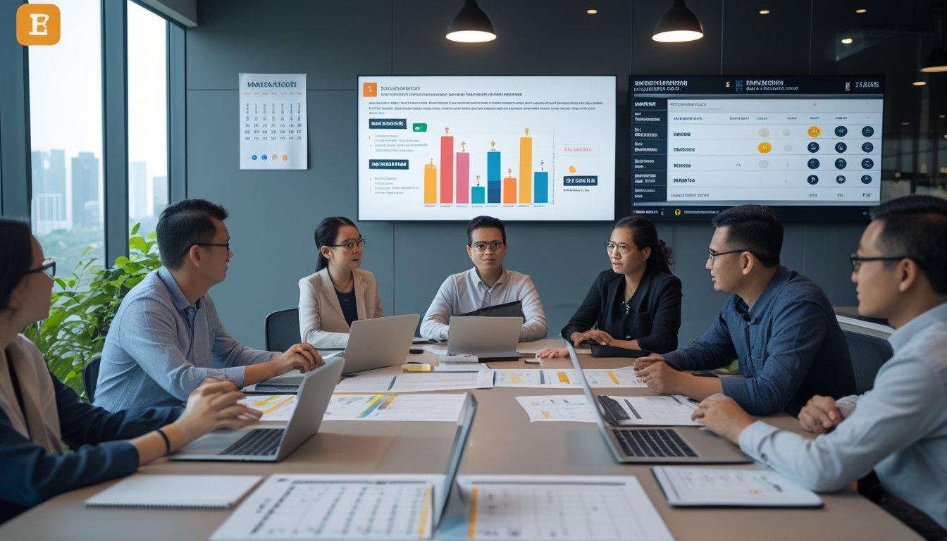 Sekelompok orang dewasa berdiskusi sambil menganalisis grafik dan data di ruang kerja modern.