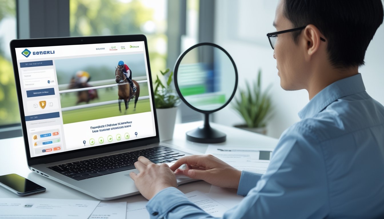 Seorang profesional Indonesia meninjau platform digital bertema olahraga dan keamanan di meja kerja modern.