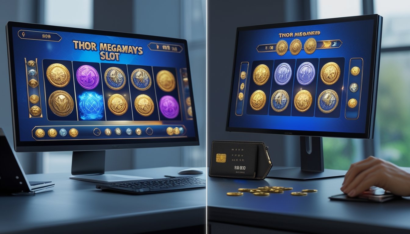 Dua perangkat menampilkan permainan slot bertema Nordik, dengan koin dan dompet di atas meja.