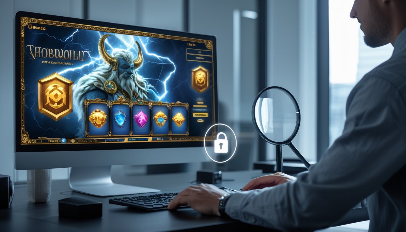 Meja kerja modern dengan layar permainan slot bertema dewa petir, simbol perisai dan gembok keamanan, serta tangan menggunakan papan ketik.