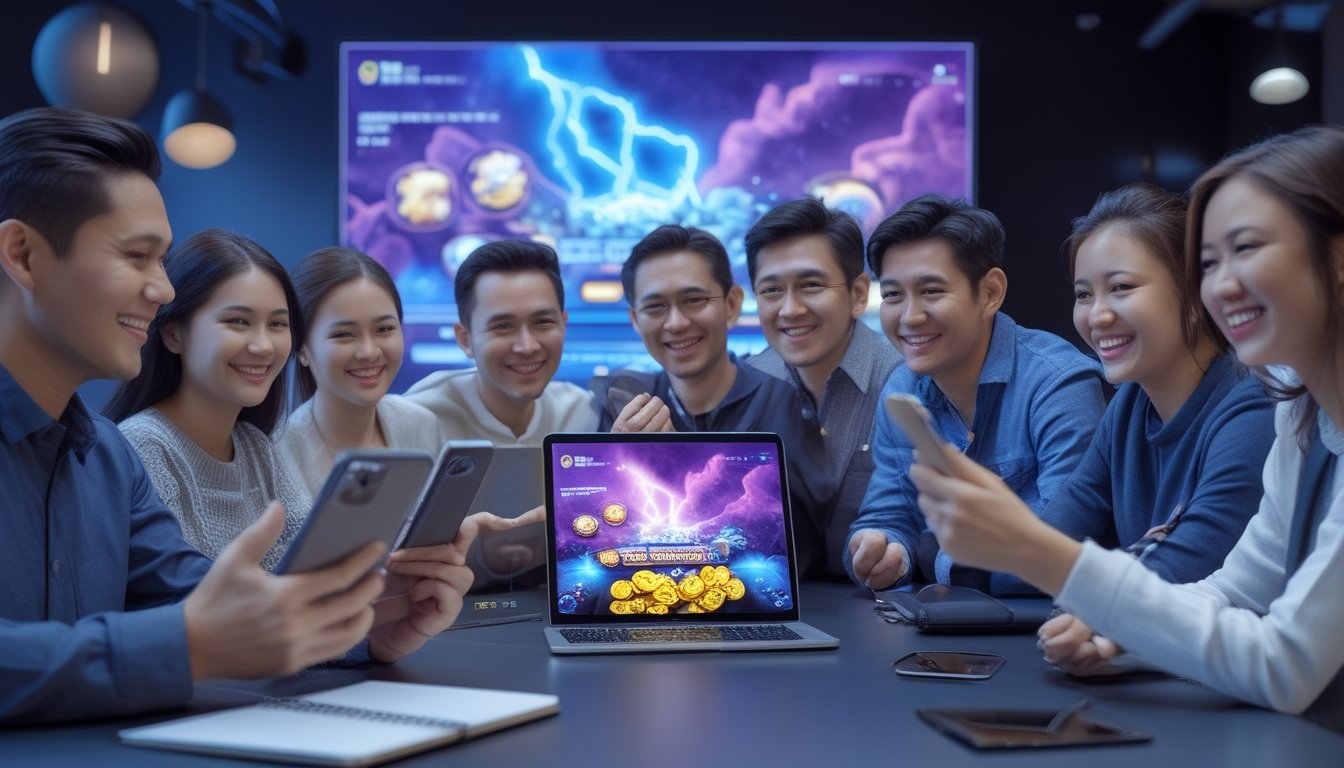 Sekelompok orang dewasa tersenyum melihat perangkat dengan tampilan permainan slot bertema petir di ruang santai modern.