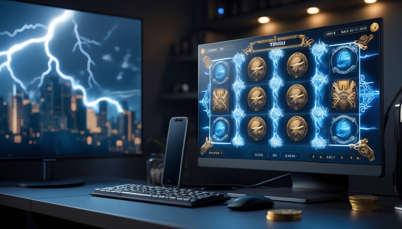 Monitor menampilkan permainan slot bertema petir dengan ponsel dan beberapa koin di meja.