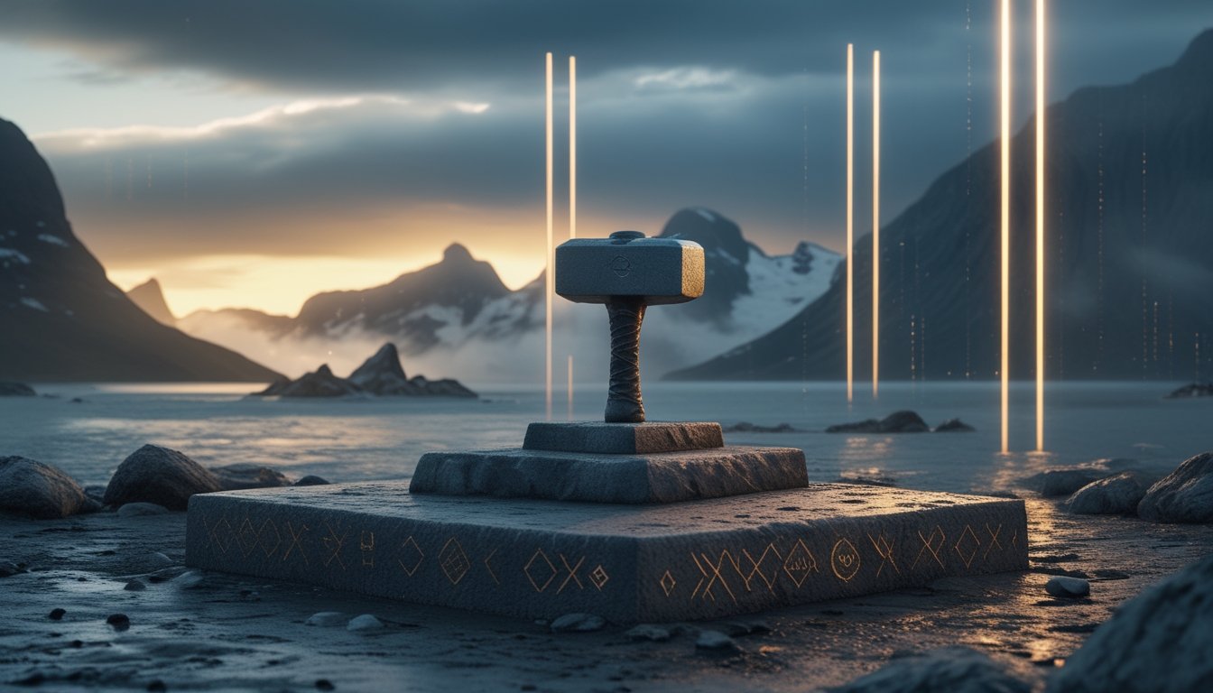 Palu simbolis di atas altar batu dalam lanskap pegunungan dan fjord yang diselimuti badai.
