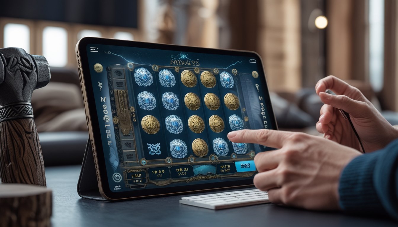 Orang dewasa menganalisis permainan gulungan digital di tablet dengan elemen bertema mitologi Nordik dan kilatan biru.