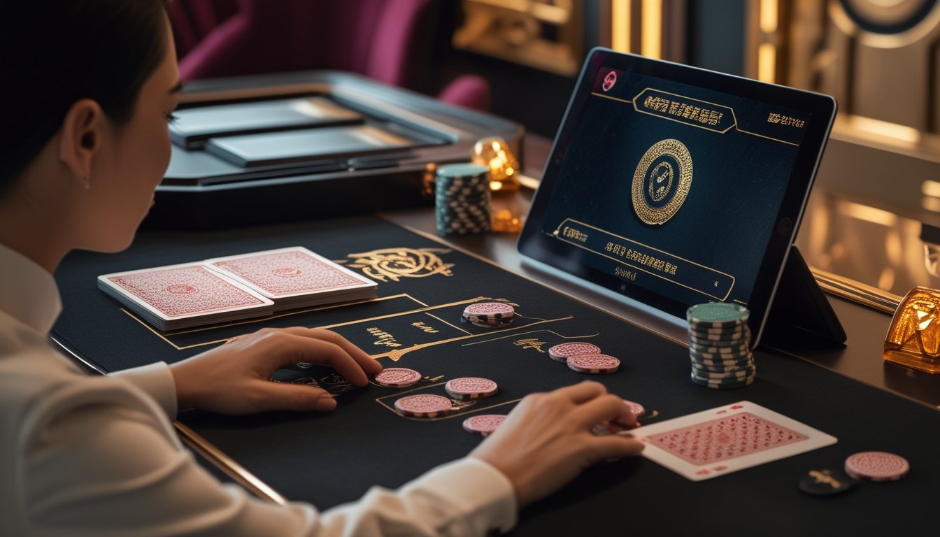 Meja baccarat dengan kartu, keping kasino, dan perangkat digital dalam suasana kasino mewah.