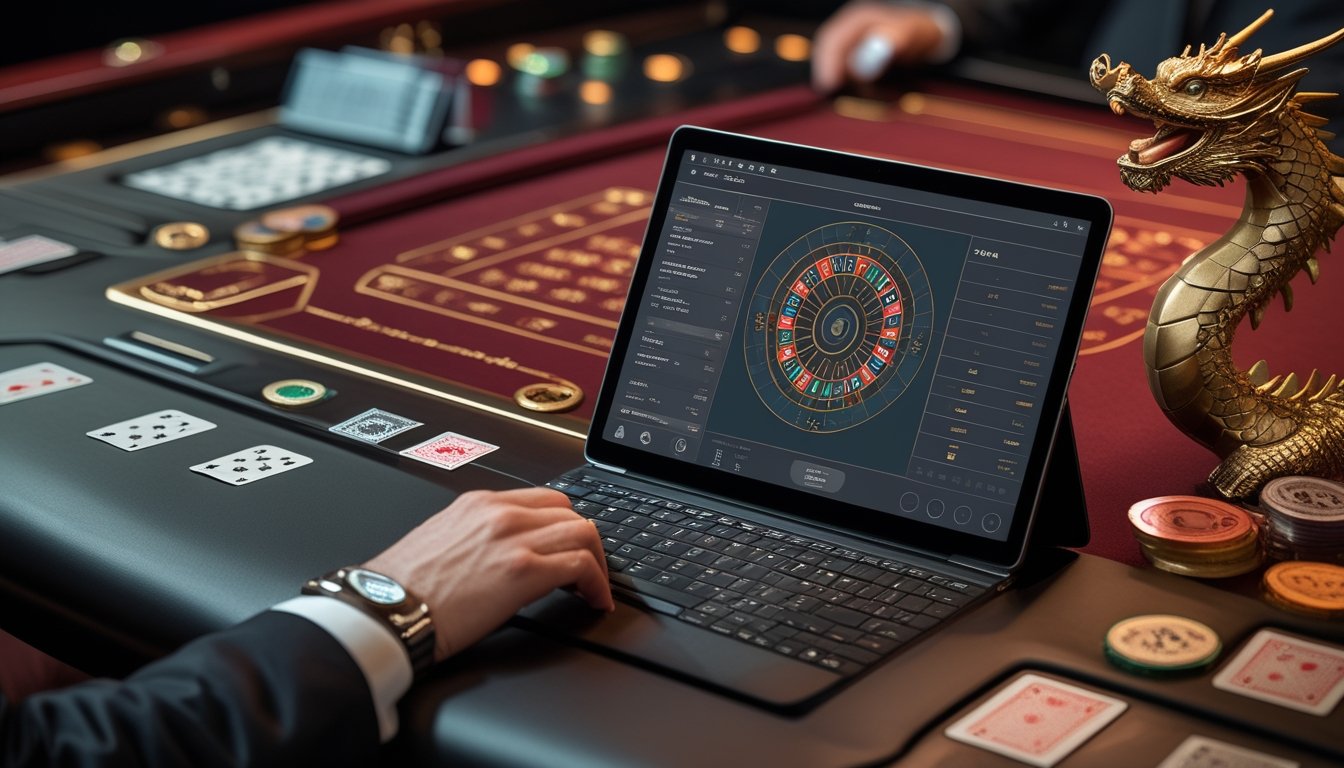 Meja baccarat dengan kartu dan keping kasino di samping perangkat digital yang menampilkan antarmuka kasino abstrak.