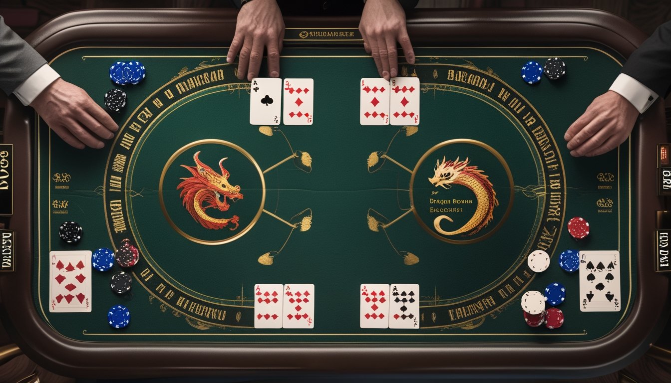 Meja baccarat elegan dengan dua susunan permainan yang dibandingkan, dihiasi kartu, keping kasino, dan elemen naga.