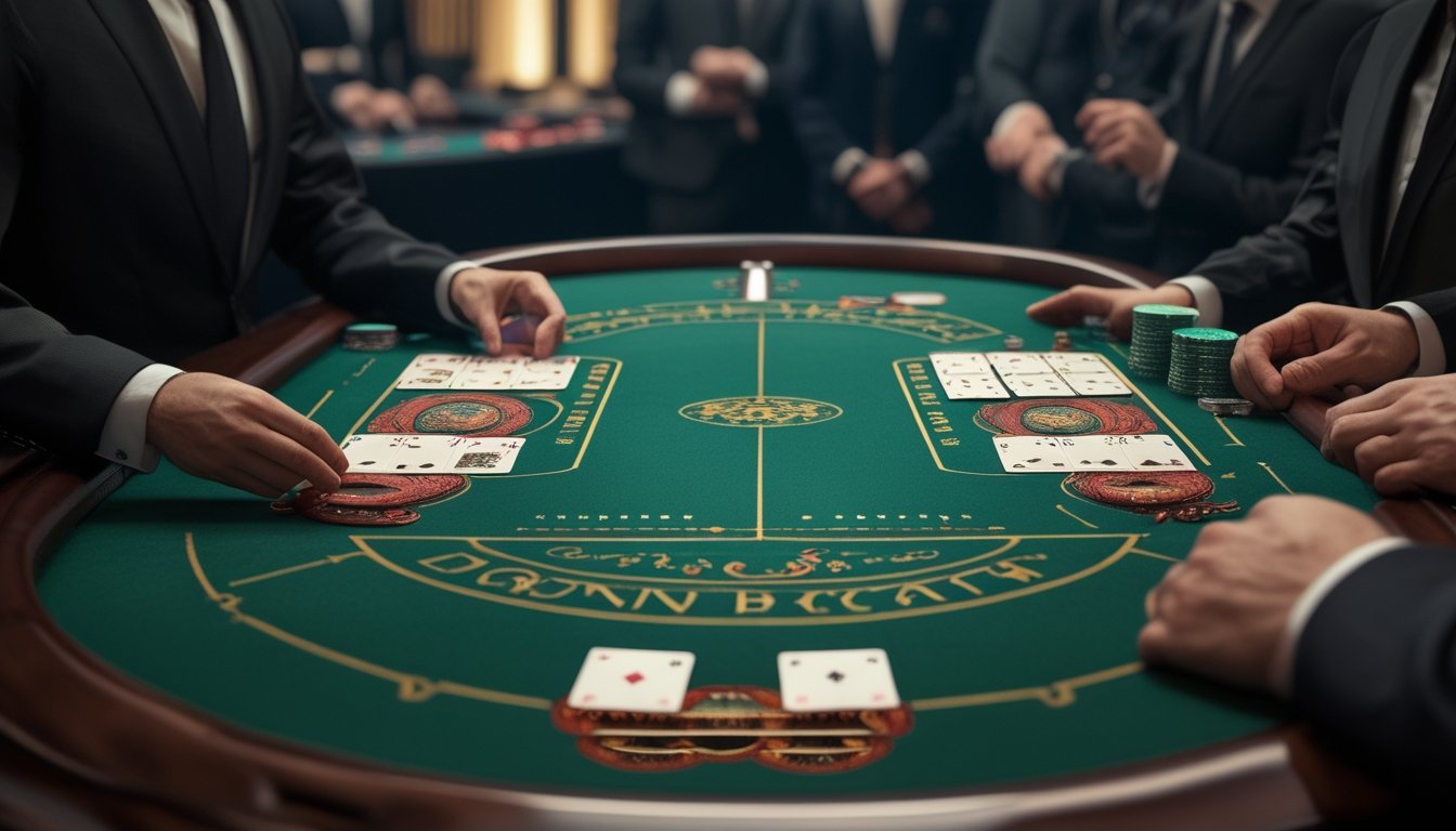 Croupier membagikan kartu di meja baccarat dengan area taruhan klasik dan elemen bonus bertema naga.
