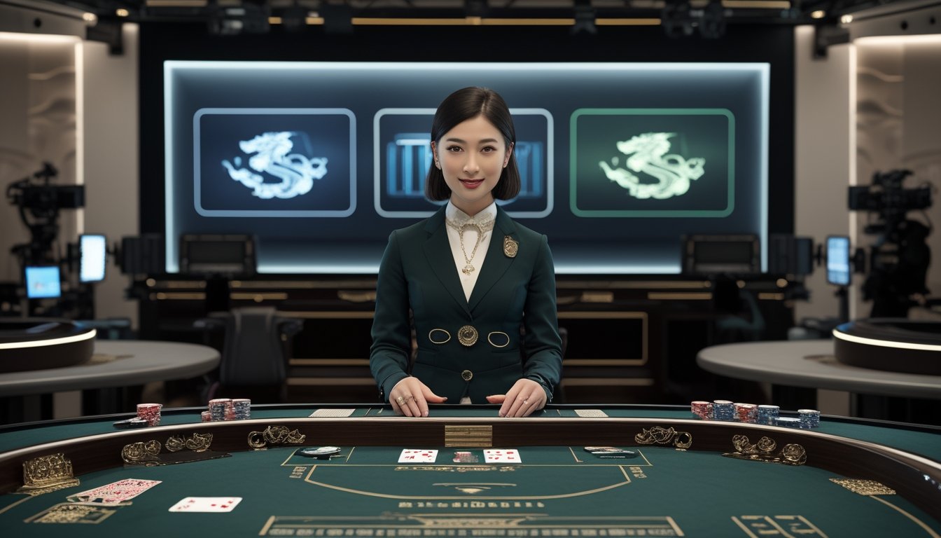 Dealer membagikan kartu di meja baccarat dalam studio kasino live modern dengan dekorasi naga.