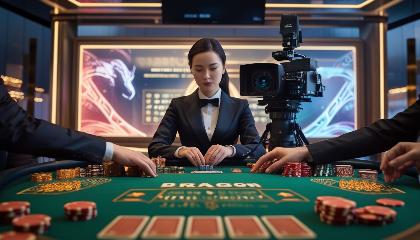 Dealer mengatur kartu dan chip di meja baccarat dalam studio kasino live modern dengan kamera siaran dan dekorasi bernuansa naga.
