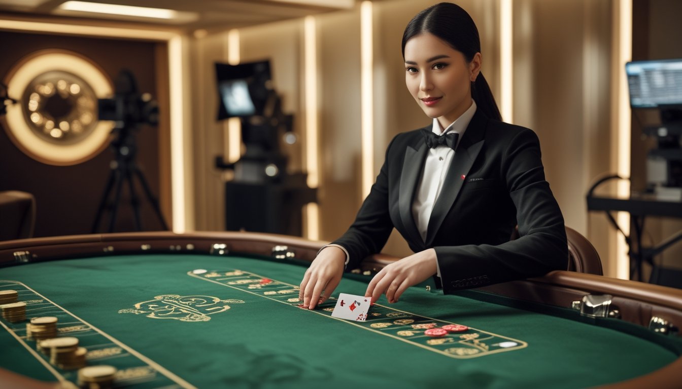 Dealer menyajikan permainan Dragon Bonus Baccarat di meja kasino dengan kartu dan keping taruhan.