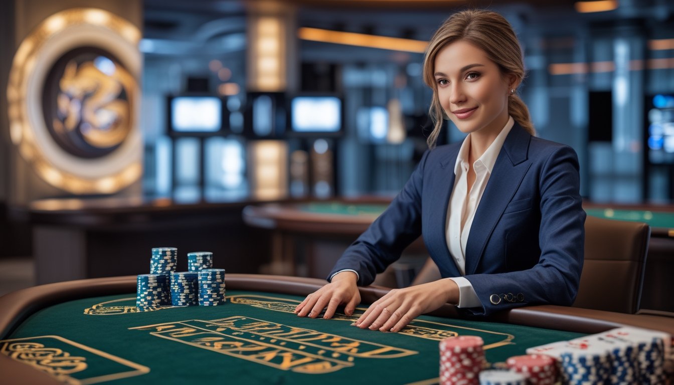 Dealer menyajikan permainan baccarat dengan kartu dan keping kasino di meja bertema naga.
