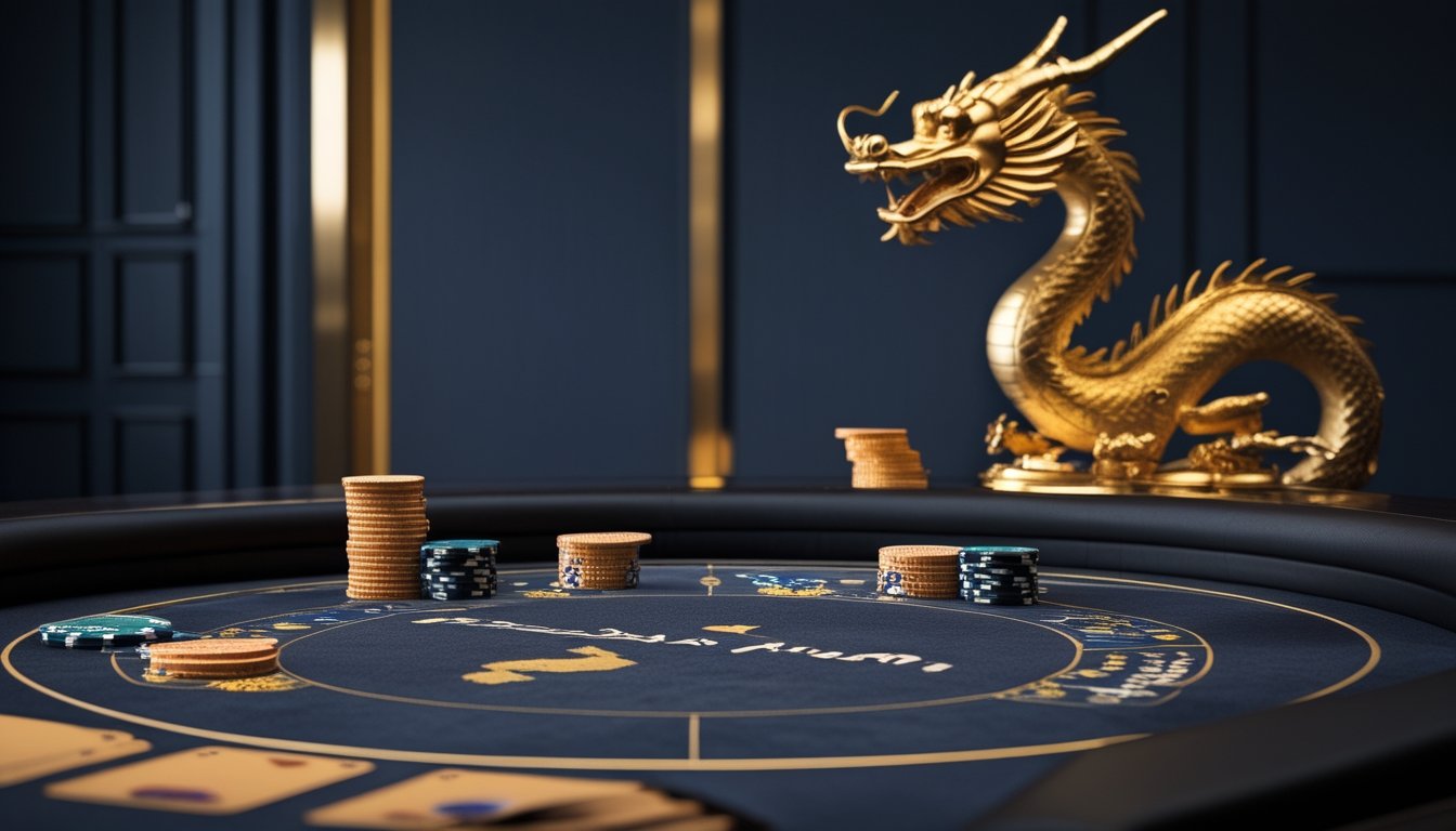Meja baccarat elegan dengan kartu, keping kasino, dan ornamen naga emas di latar gelap.