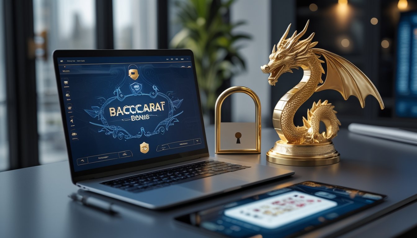 Perangkat digital menampilkan antarmuka permainan kartu abstrak dengan ornamen naga emas dan simbol gembok keamanan.