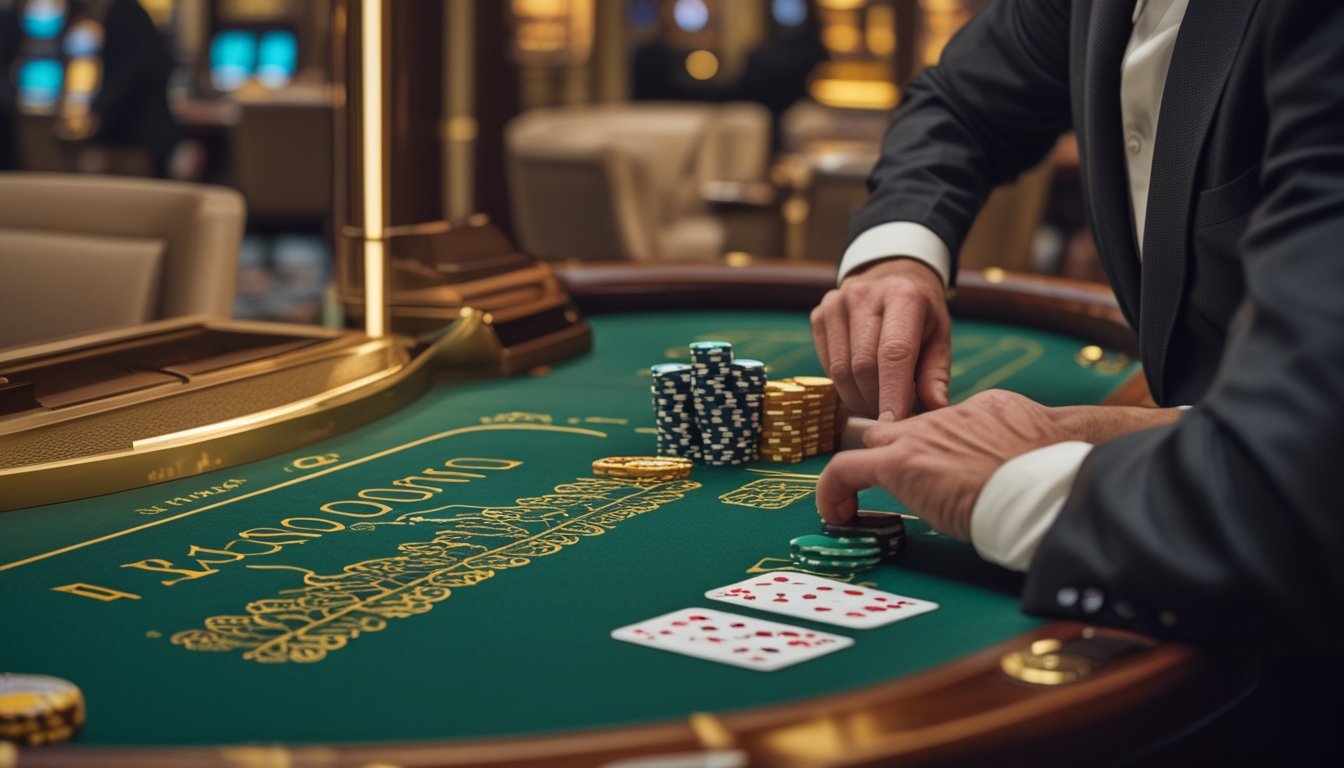 Pemain memasang taruhan di meja Dragon Bonus Baccarat saat dealer membagikan kartu.