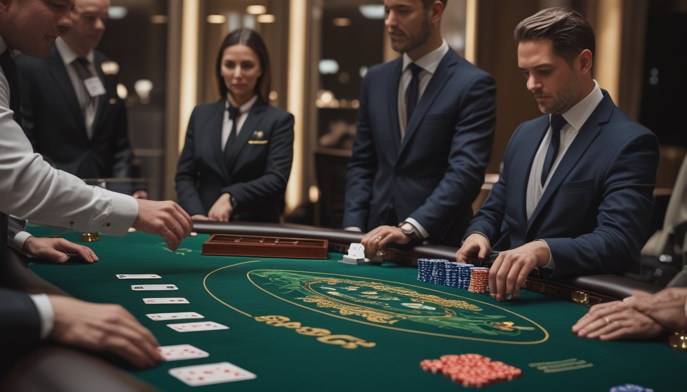 Dealer dan beberapa pemain mengamati permainan Dragon Bonus Baccarat di meja kasino dengan suasana penuh antisipasi.