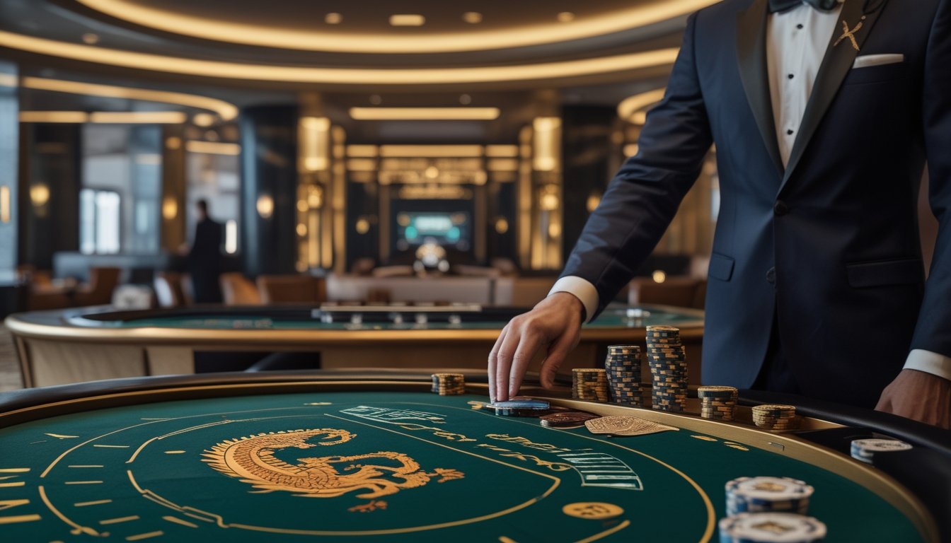 Pemain berpakaian formal memasang chip di meja baccarat mewah dengan motif naga dan tumpukan chip.