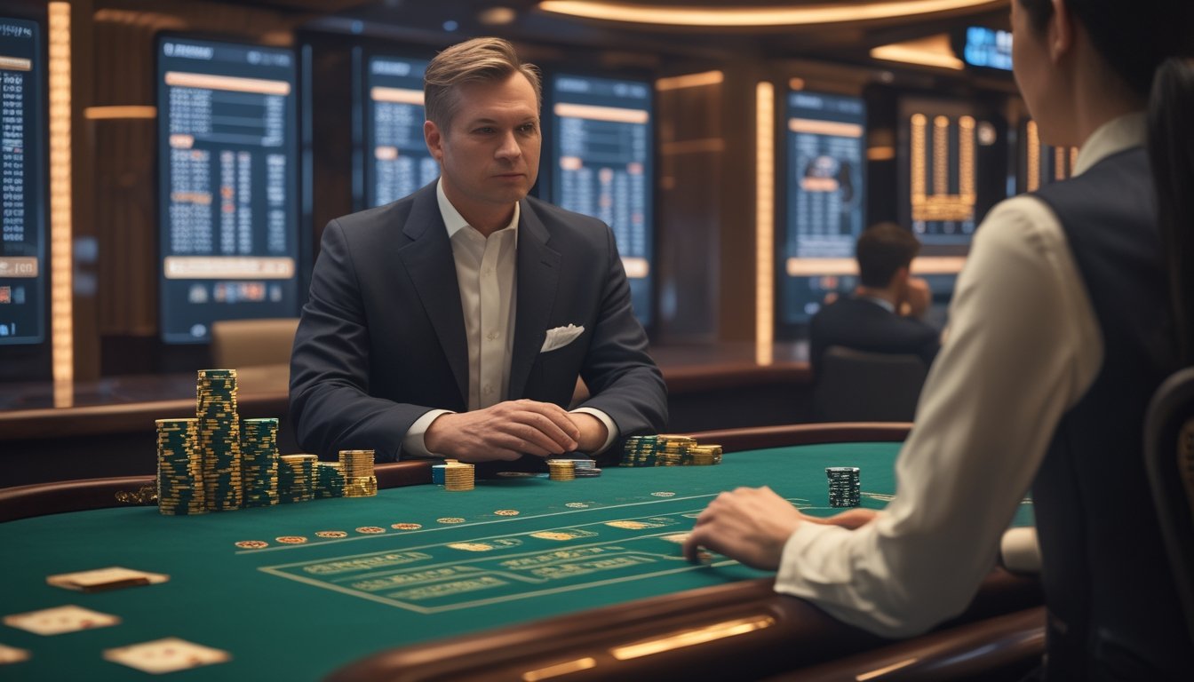 Pemain kelas atas mengamati meja baccarat dengan kartu dan tumpukan chip di kasino mewah.
