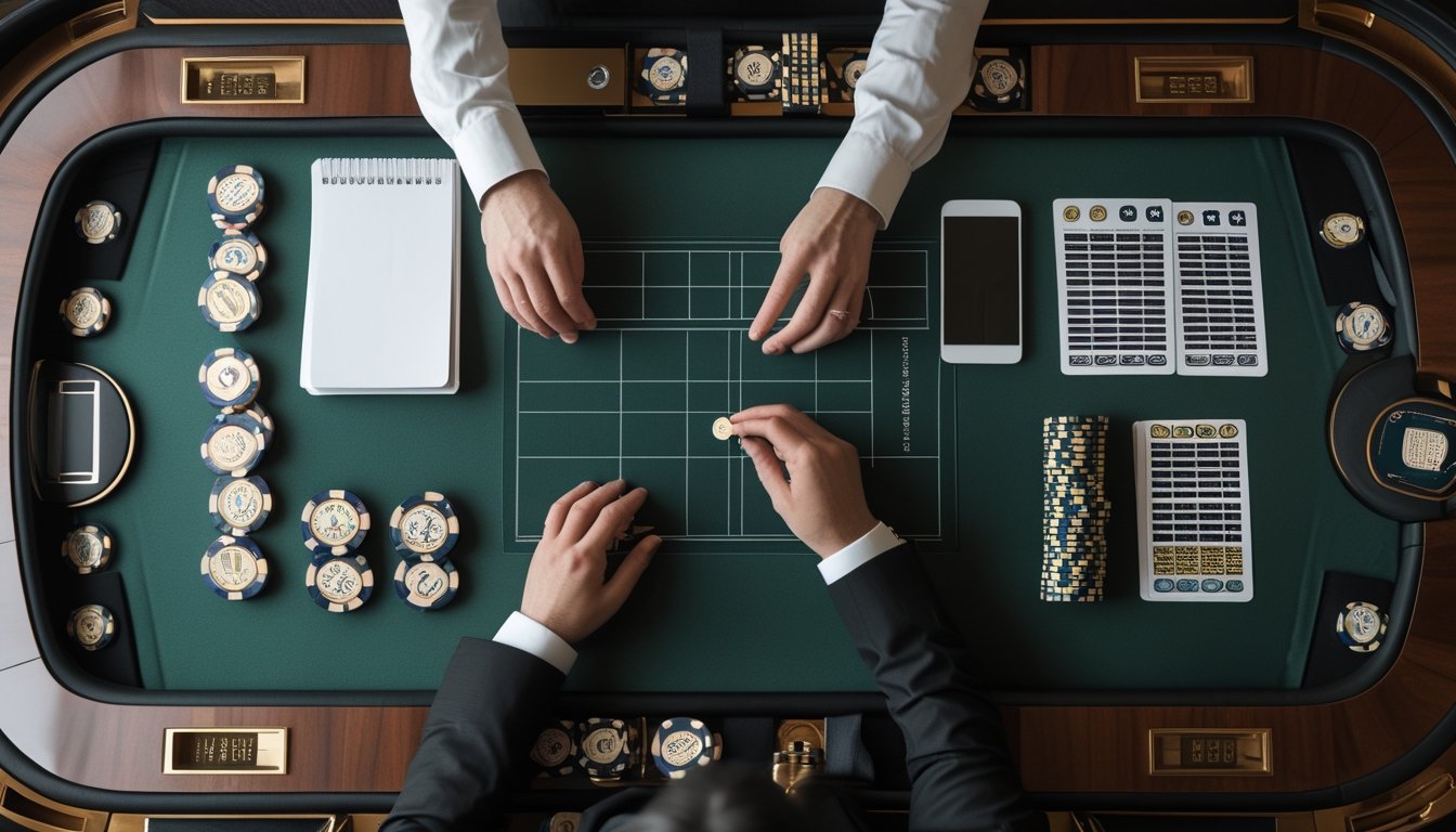 Tumpukan chip baccarat tertata rapi di atas meja hijau bersama kalkulator, buku catatan kosong, dan ponsel dengan grafik abstrak.