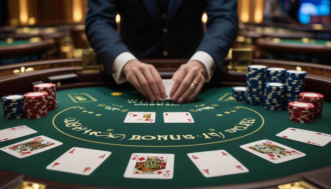 Meja baccarat dengan kartu, keping kasino, dan dealer yang sedang membagikan kartu dalam suasana kasino elegan.