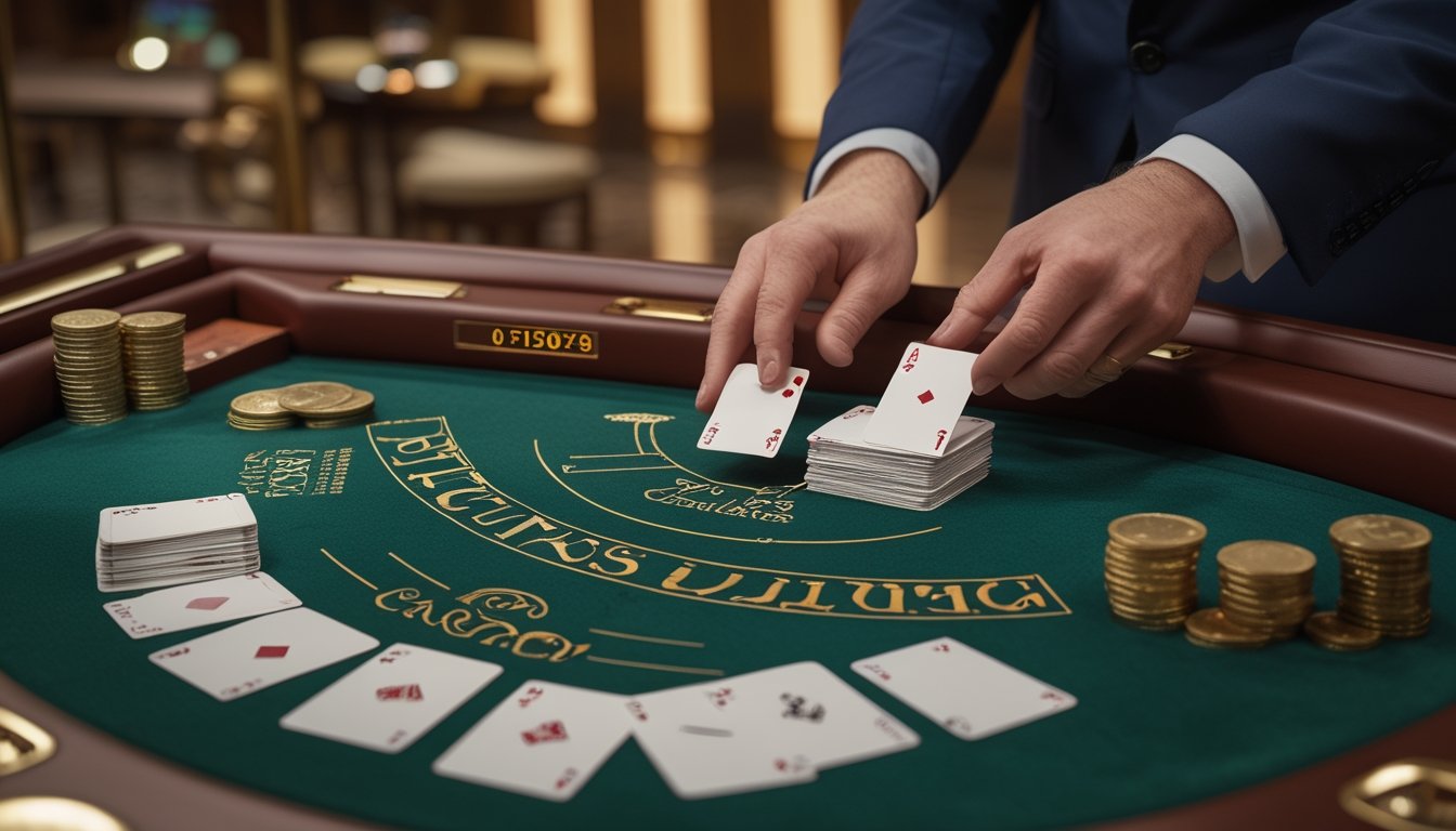 Meja baccarat kasino dengan kartu dan area taruhan Dragon Bonus yang menunjukkan situasi seri alami dan push.