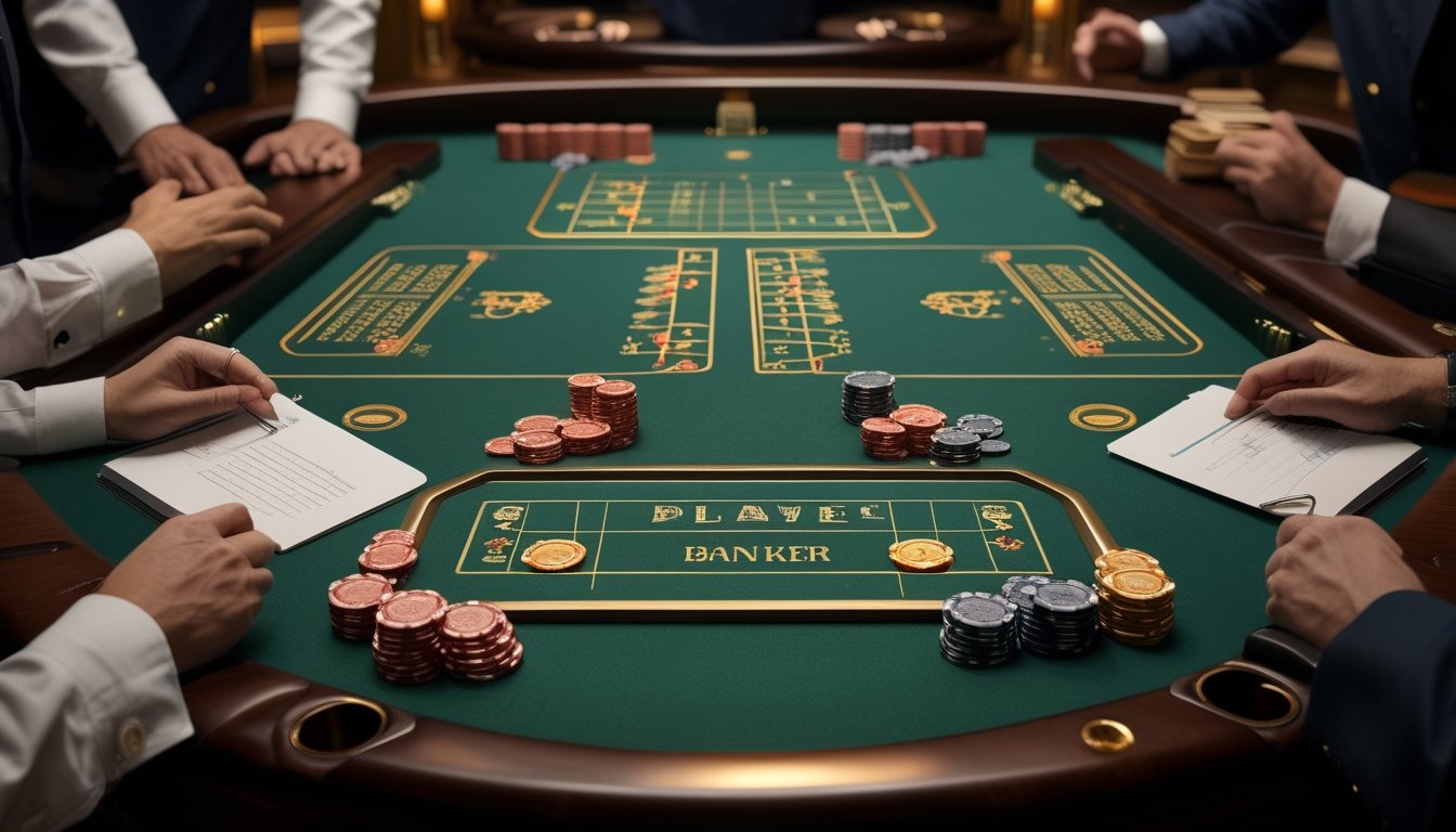 Meja baccarat dengan area Player dan Banker, kartu, chip kasino, serta tablet yang menampilkan grafik abstrak.
