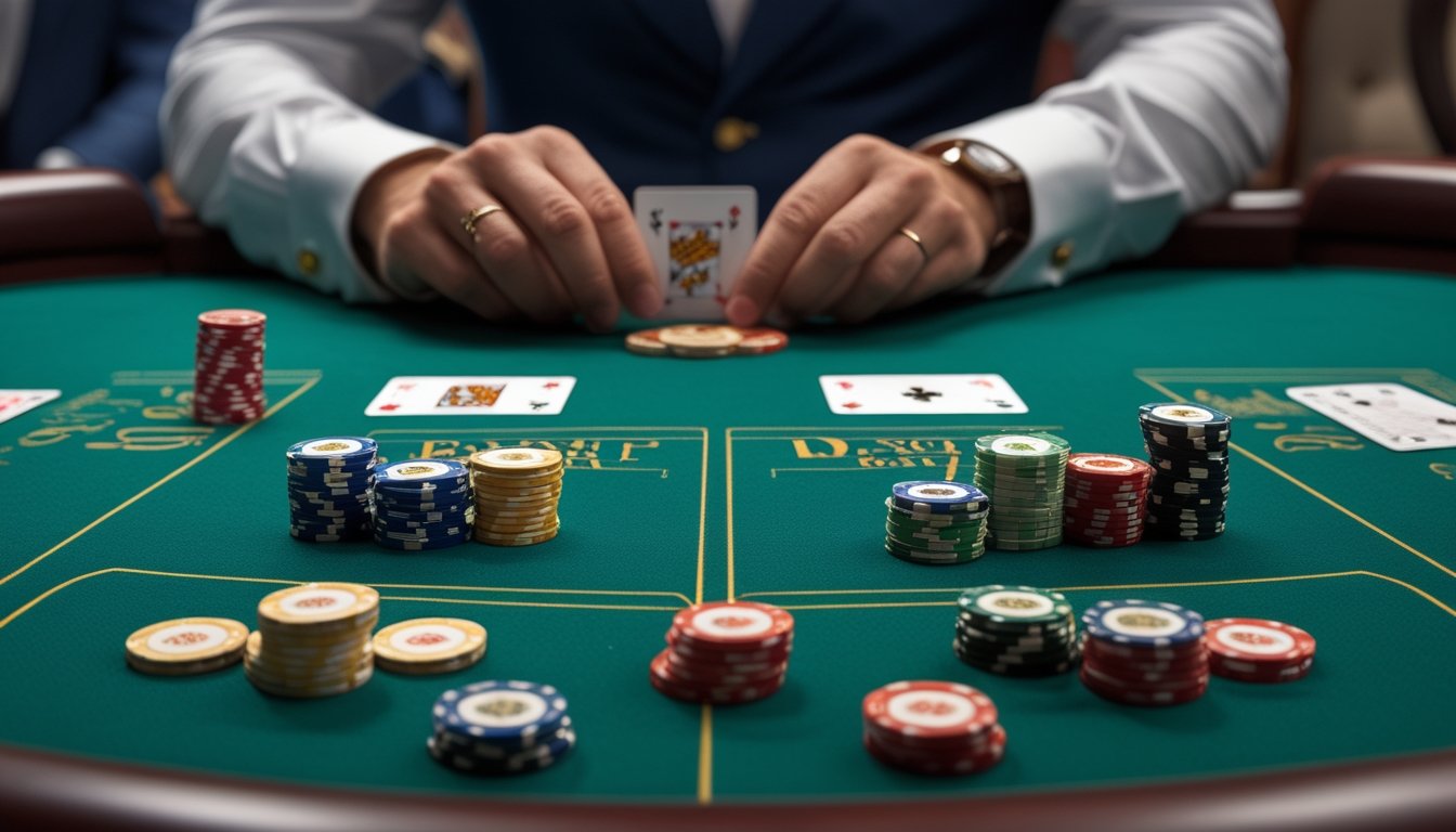 Dealer membagikan kartu di meja baccarat dengan area taruhan Player dan Banker serta tumpukan chip yang berbeda.