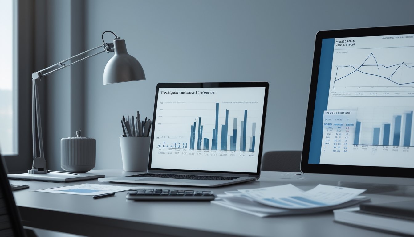 Meja kerja modern dengan laptop yang menampilkan grafik statistik dan pola angka tiga digit yang dianalisis.