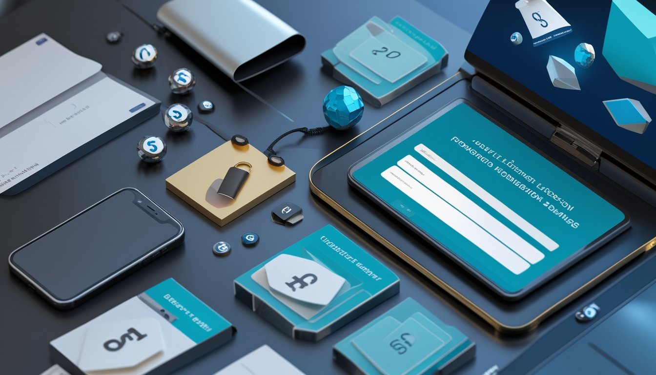 Meja kerja modern dengan laptop dan ponsel yang menampilkan antarmuka pendaftaran digital abstrak, ikon keamanan, serta elemen promosi geometris.