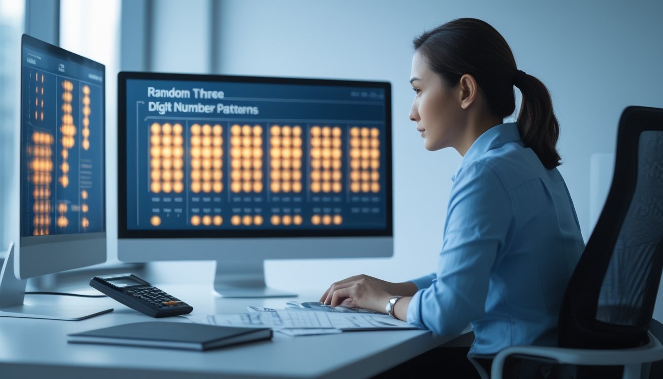 Seorang analis mempelajari pola angka dan grafik probabilitas di meja kerja modern.