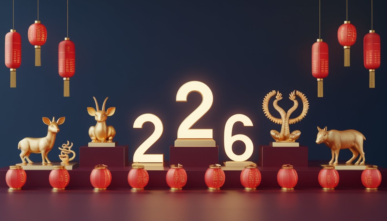 Dua belas simbol hewan zodiak Tionghoa ditata bersama keping-keping dekoratif dan lentera bercahaya di atas permukaan merah dan biru tua.