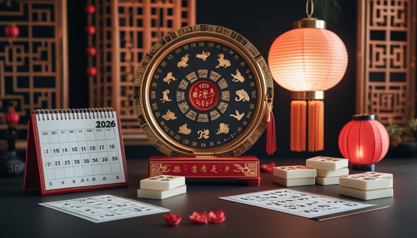 Meja dekoratif dengan roda zodiak Tiongkok, simbol hewan, keping kosong, kalender, dan lentera merah.