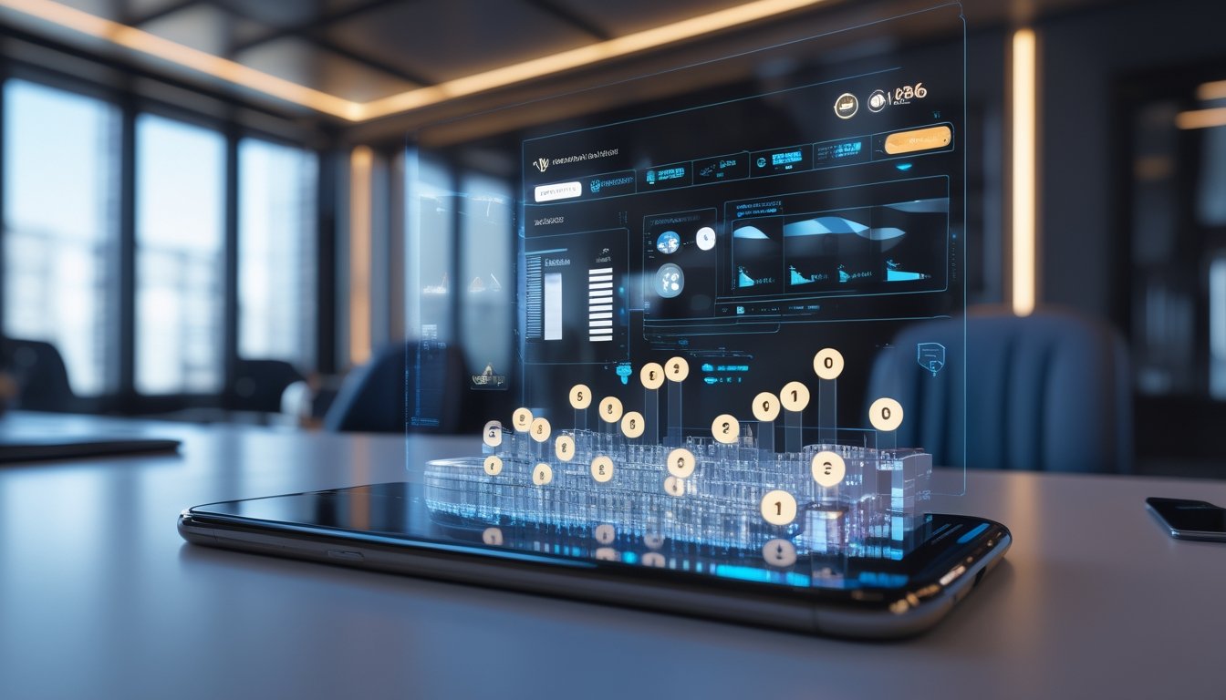 Ponsel modern menampilkan antarmuka holografis abstrak dengan grafik data tiga dimensi di ruang kerja futuristis.