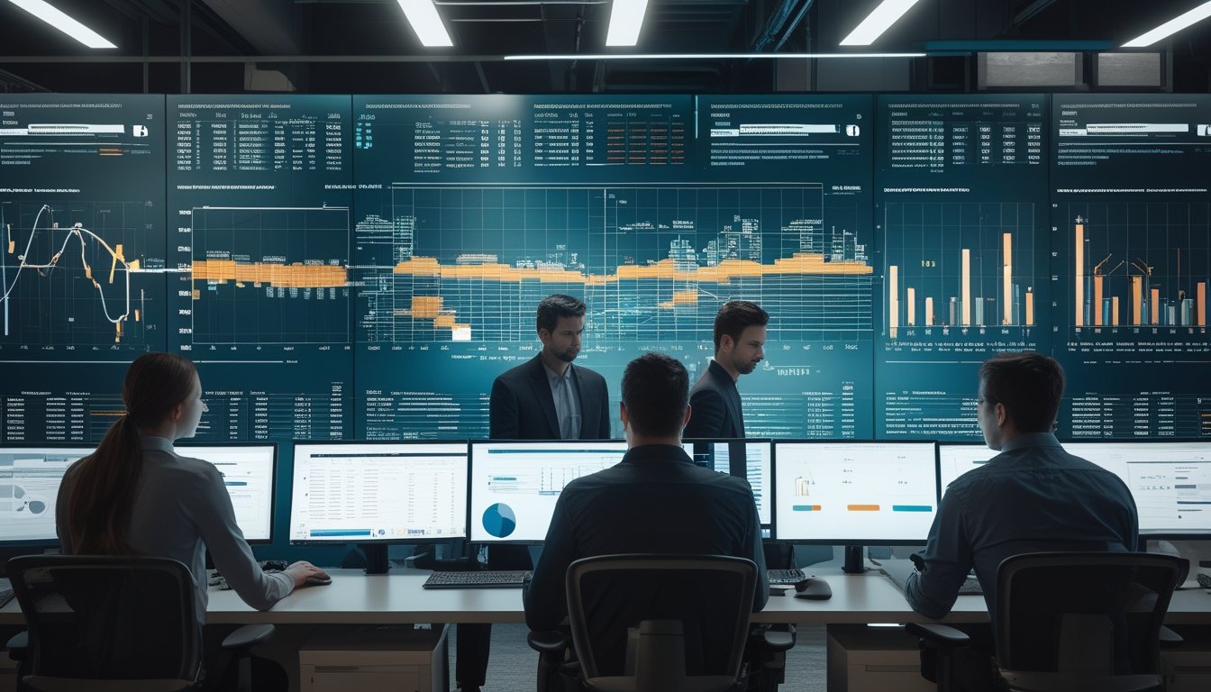 Tim analis meninjau visualisasi data dan sistem prediksi otomatis di ruang kerja modern.