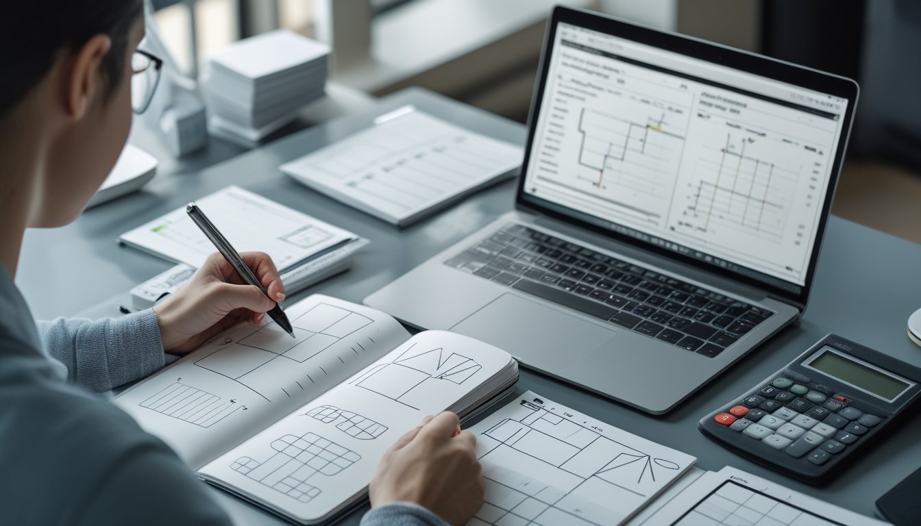 Seseorang mempelajari diagram dan analisis pola di meja dengan laptop, buku catatan, kalkulator, dan kartu indeks.