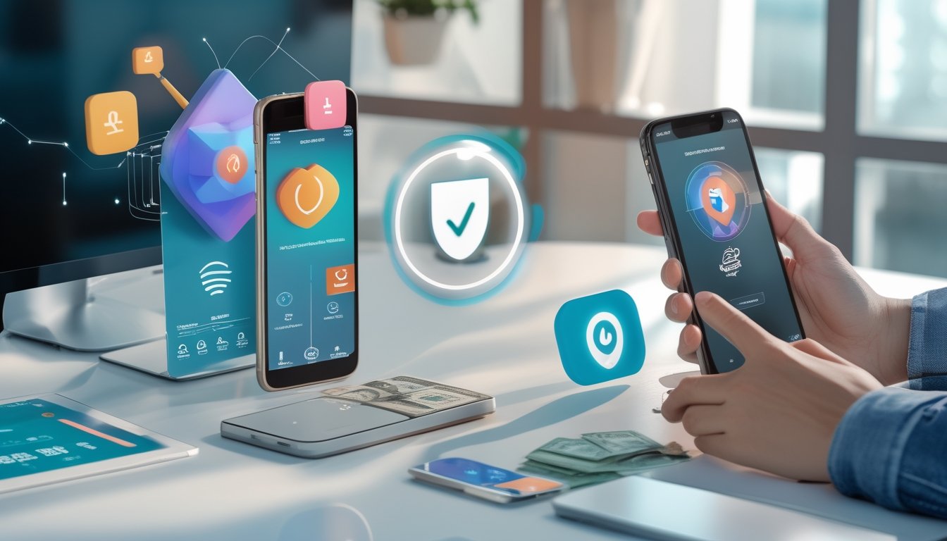 Smartphone dengan grafis geometris tiga dimensi dan simbol pembayaran digital aman di atas meja kerja modern.