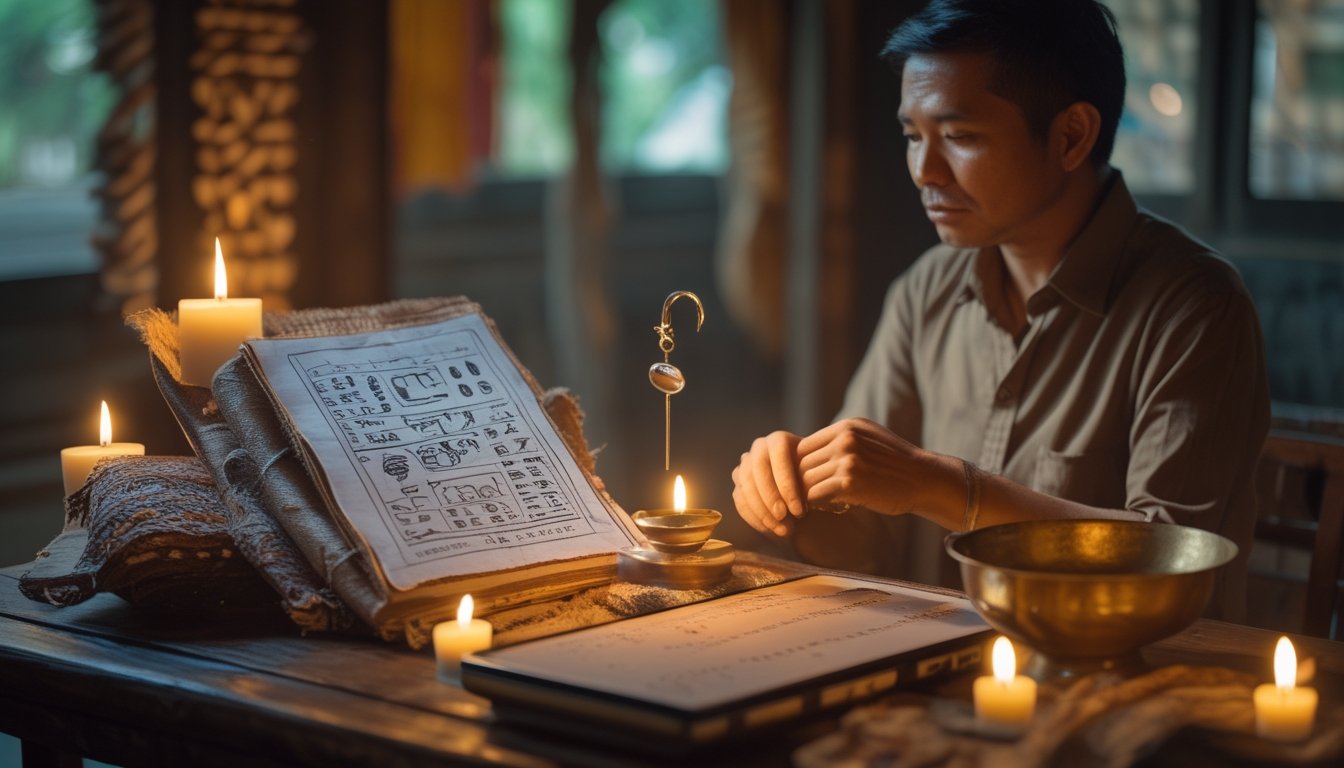 Seseorang mempelajari benda-benda simbolis dan catatan tradisional di dalam ruangan bernuansa budaya Indonesia.