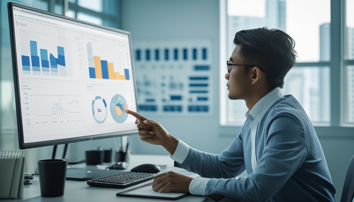 Seorang analis keuangan meninjau pola data abstrak dan grafik di ruang kerja modern.