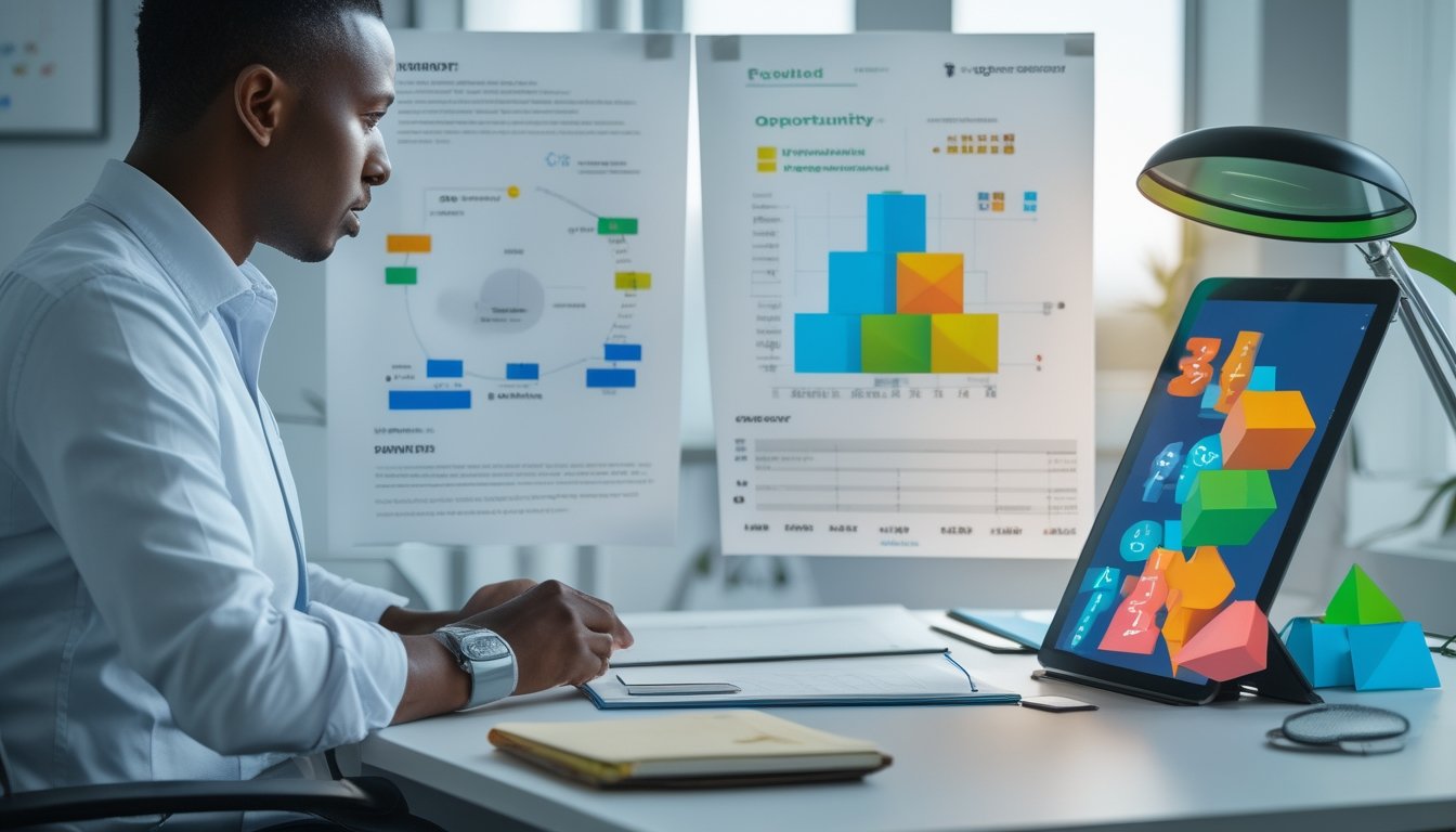 Seorang analis meninjau grafik risiko dan bentuk angka tiga dimensi di meja kerja modern.