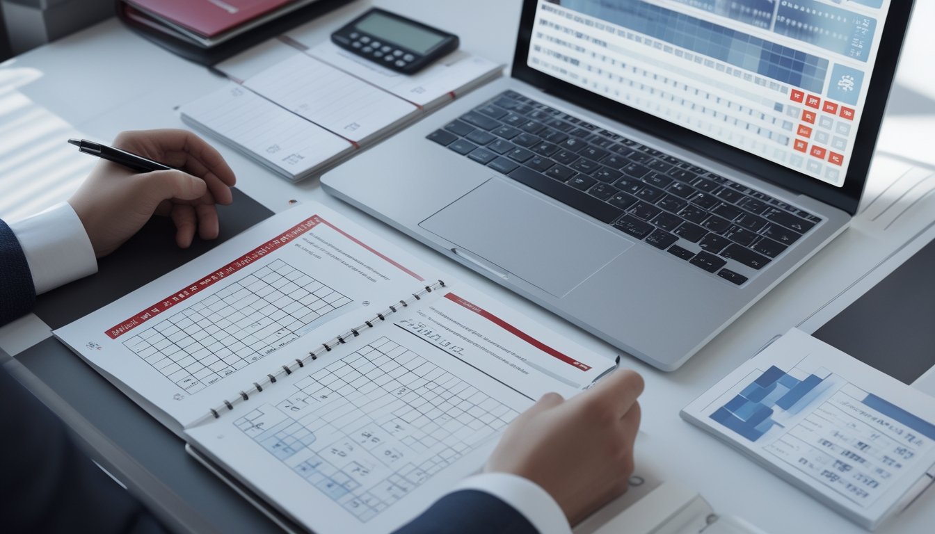 Meja kerja modern dengan laptop berisi grafik statistik abstrak, kalkulator, buku catatan, dan kartu data.