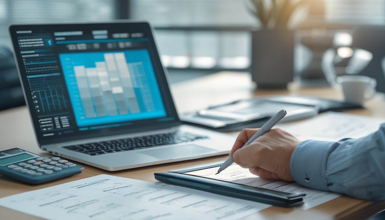 Meja kerja modern dengan laptop, tablet, kalkulator, dan lembar data untuk analisis pola angka.