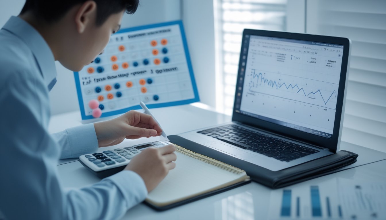 Seseorang menganalisis bola undian dan data probabilitas di meja kerja.