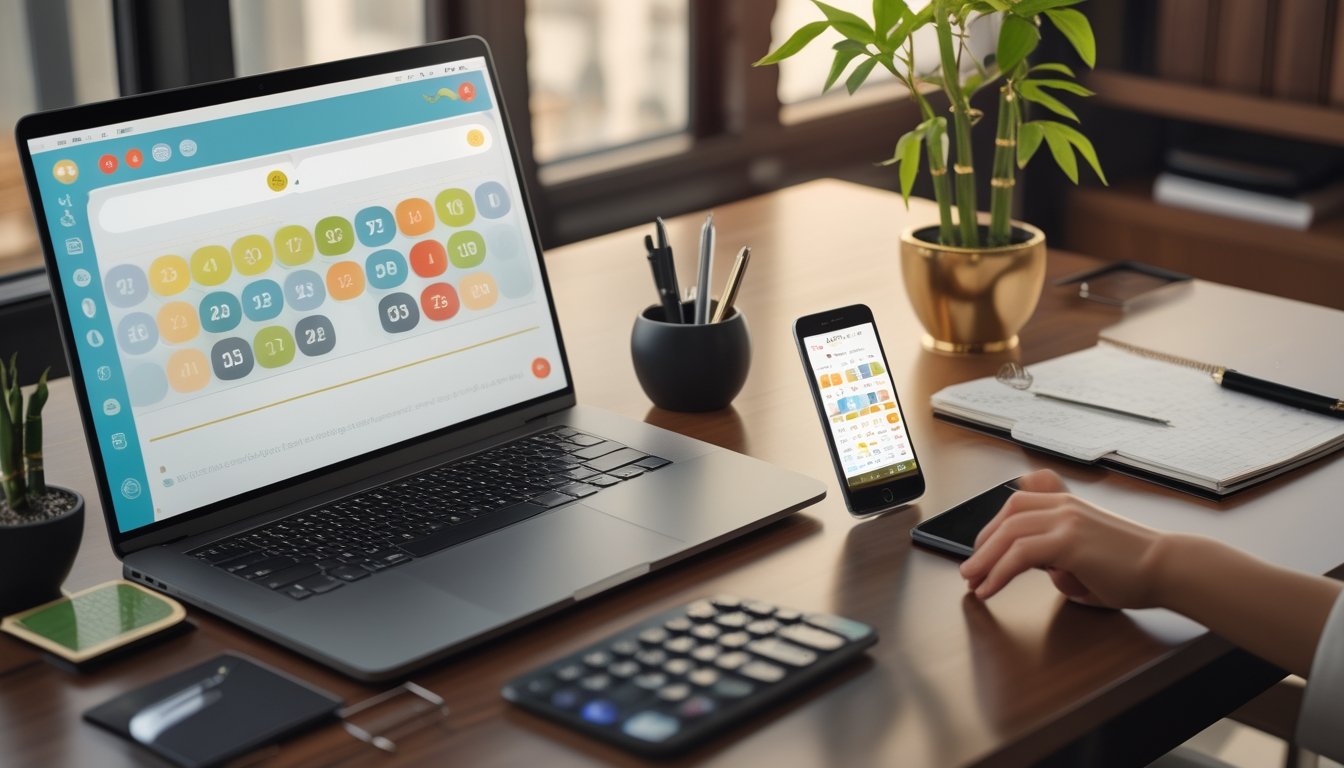 Meja kerja modern dengan laptop dan ponsel yang menampilkan antarmuka angka abstrak.