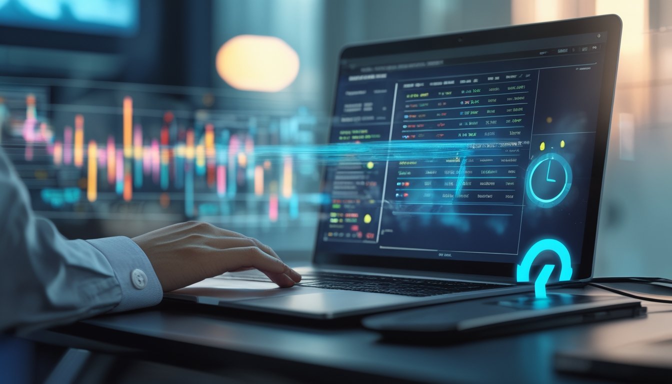Meja kerja modern dengan laptop menampilkan grafik data abstrak dan aliran visual yang menggambarkan analisis cepat dan lengkap.