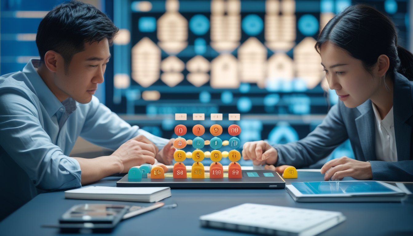 Dua orang mempelajari susunan token warna-warni dan catatan analisis di meja kerja modern.