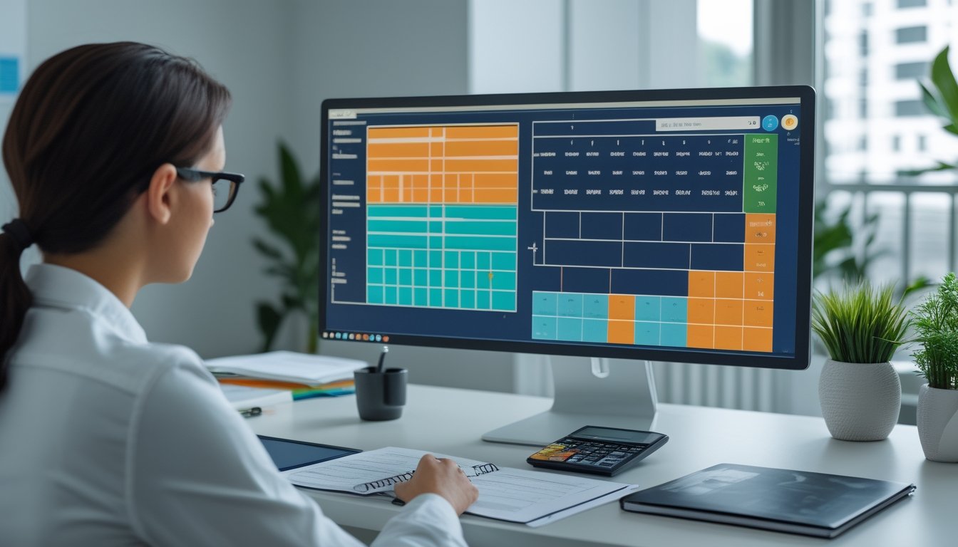 Seorang analis mempelajari kisi data berkode warna dan pola angka dua digit pada layar komputer di ruang kerja modern.